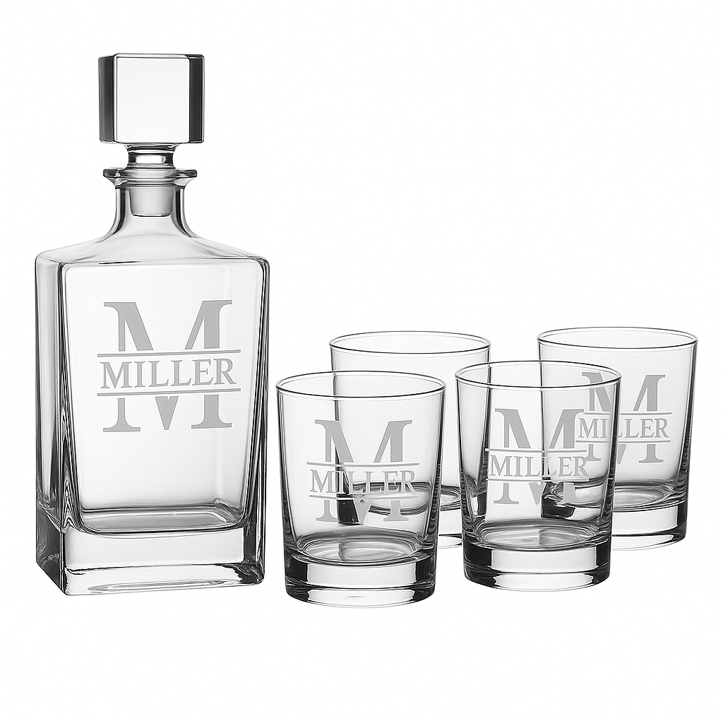 Custom Engraved Decanter and Whiskey Rocks Glasses