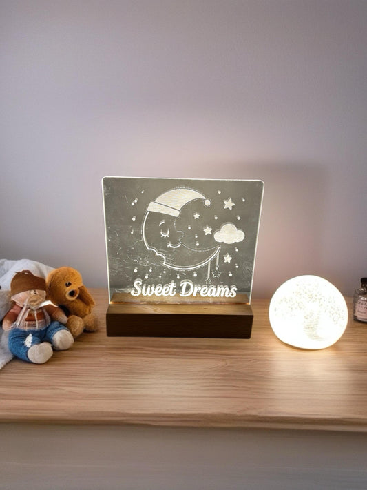 Sweet Dreams Night Light – Laser Engraved Acrylic & Wood Base