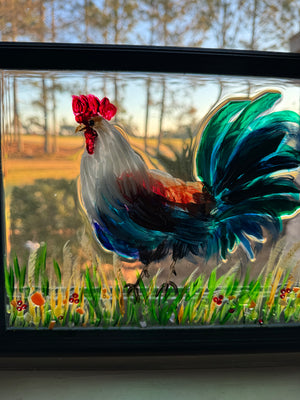Glass framed rooster