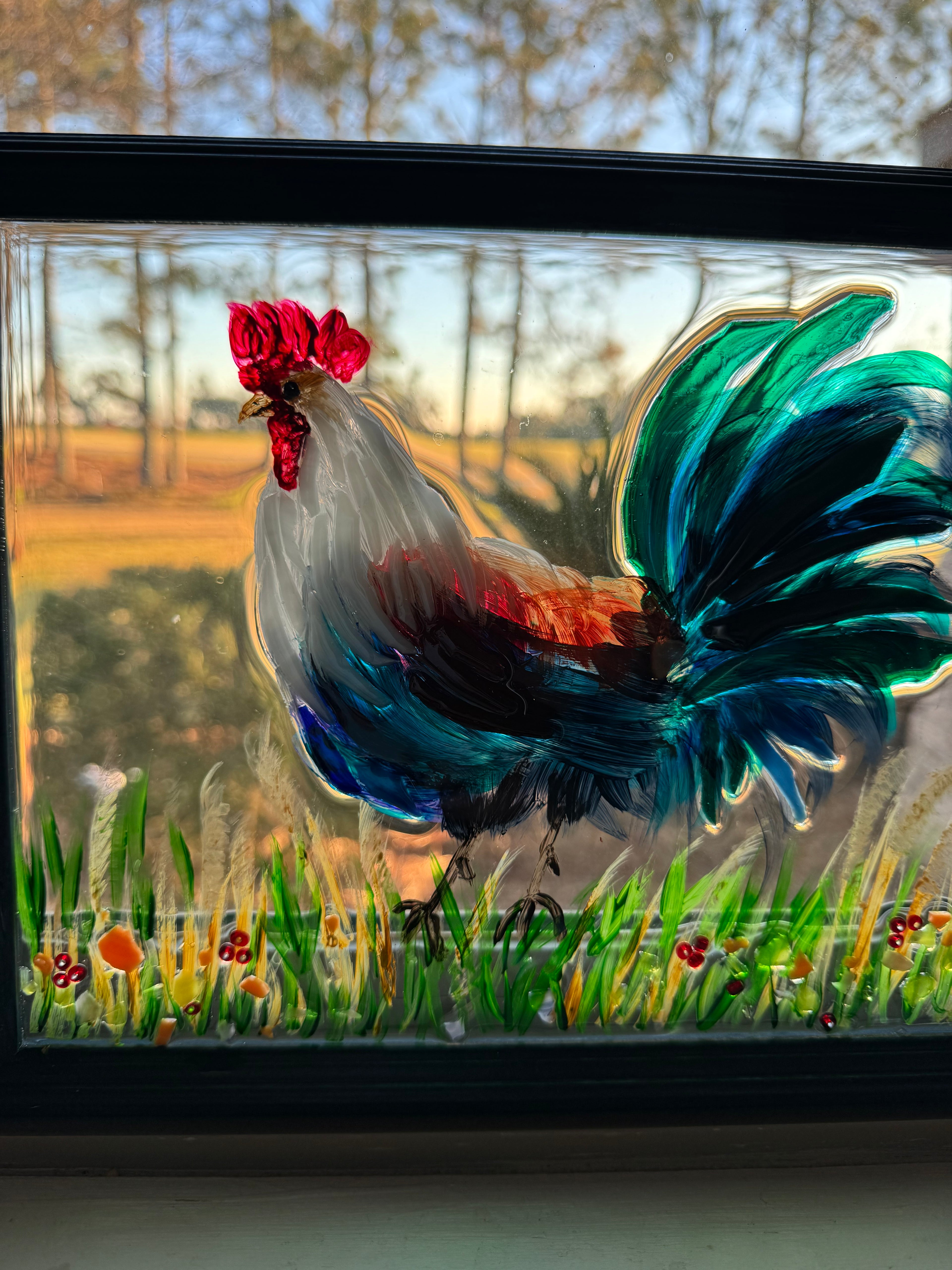 Glass framed rooster