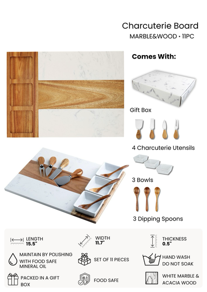 Marble Charcuterie Board - 11 Piece Set