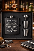 Funny Engraved Flask Gift Set – "Cheers f*ckers"