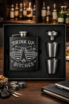 Funny Engraved Flask Gift Set – "Drink Up Bitches"