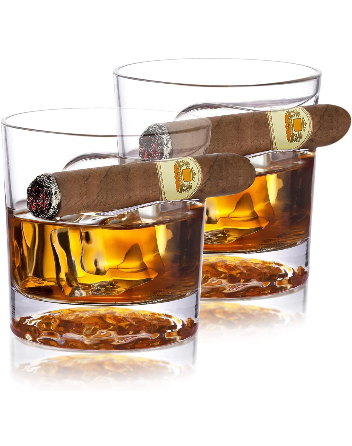 Cigar Whiskey Glasses Set of 2 with Ice Ball Bottom Design | Cigar Holder Rest | Whiskey Gifts for Men | Old Fashioned Glasses | Dad, Boyfriend, Husband, Grandpa