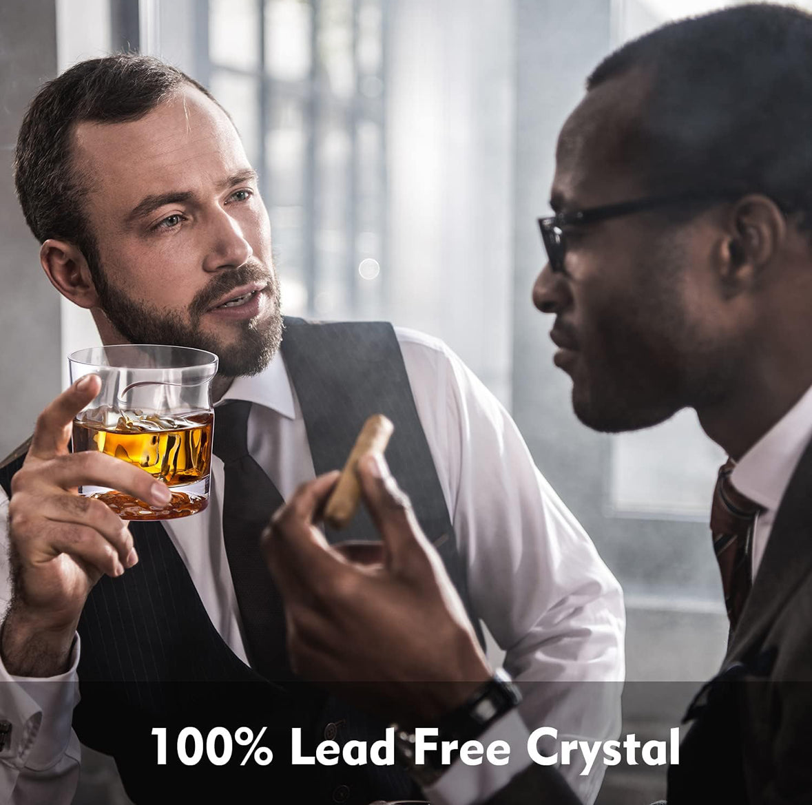 Cigar Whiskey Glasses Set of 2 with Ice Ball Bottom Design | Cigar Holder Rest | Whiskey Gifts for Men | Old Fashioned Glasses | Dad, Boyfriend, Husband, Grandpa