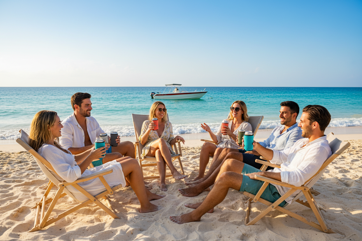 A photo realistic Beach scene with a group of friends holding 4 in 1 can koozies with beach chairs and a boat near the beach in the backround