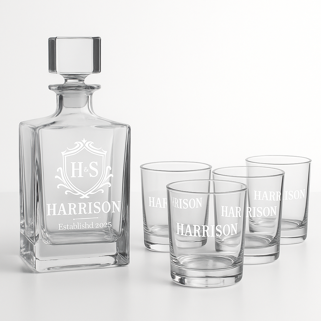Custom Engraved Decanter and Whiskey Rocks Glasses