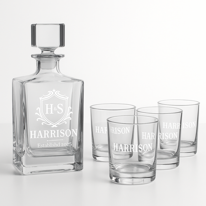 Custom Engraved Decanter and Whiskey Rocks Glasses