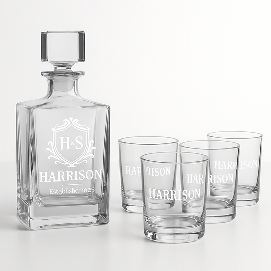 Custom Engraved Decanter and Whiskey Rocks Glasses