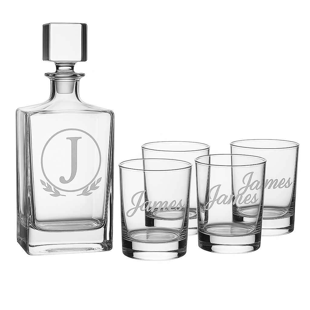 Custom Engraved Decanter and Whiskey Rocks Glasses