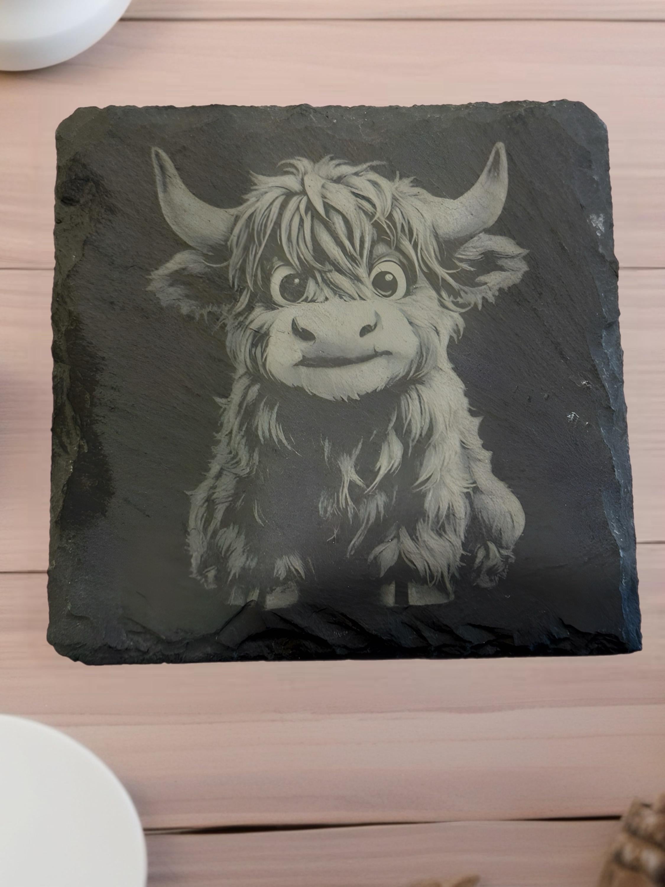Highland Cow Slate Coasters, Engraved Drink Coasters, Set of Four