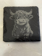 Highland Cow Slate Coasters, Engraved Drink Coasters, Set of Four
