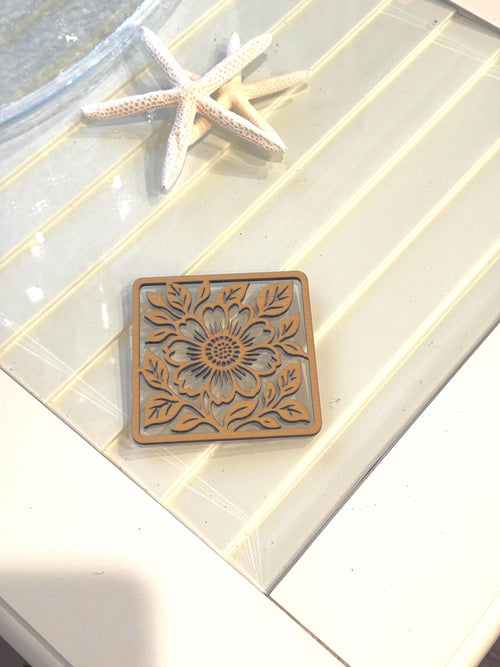 Carved Wood Coasters, Floral Design, Set of Four