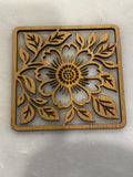 Carved Wood Coasters, Floral Design, Set of Four