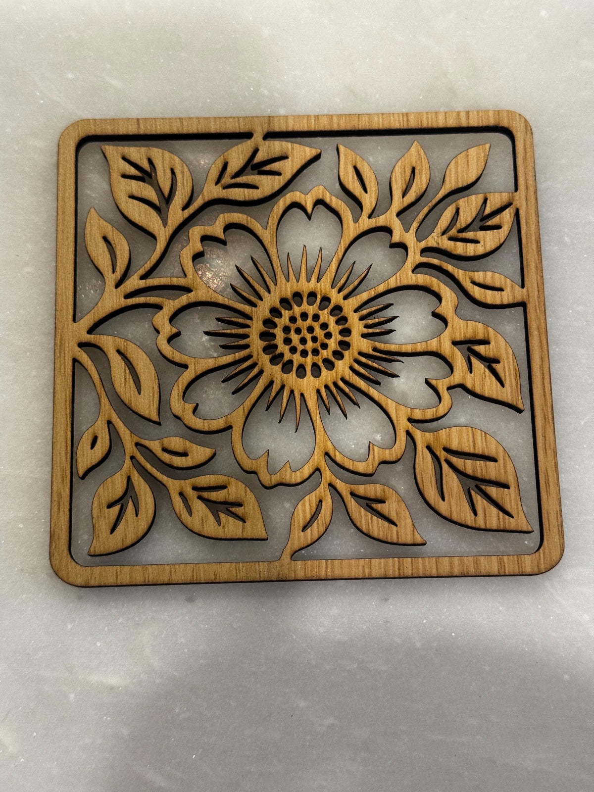 Carved Wood Coasters, Floral Design, Set of Four