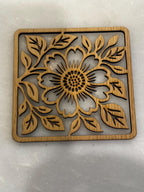 Carved Wood Coasters, Floral Design, Set of Four
