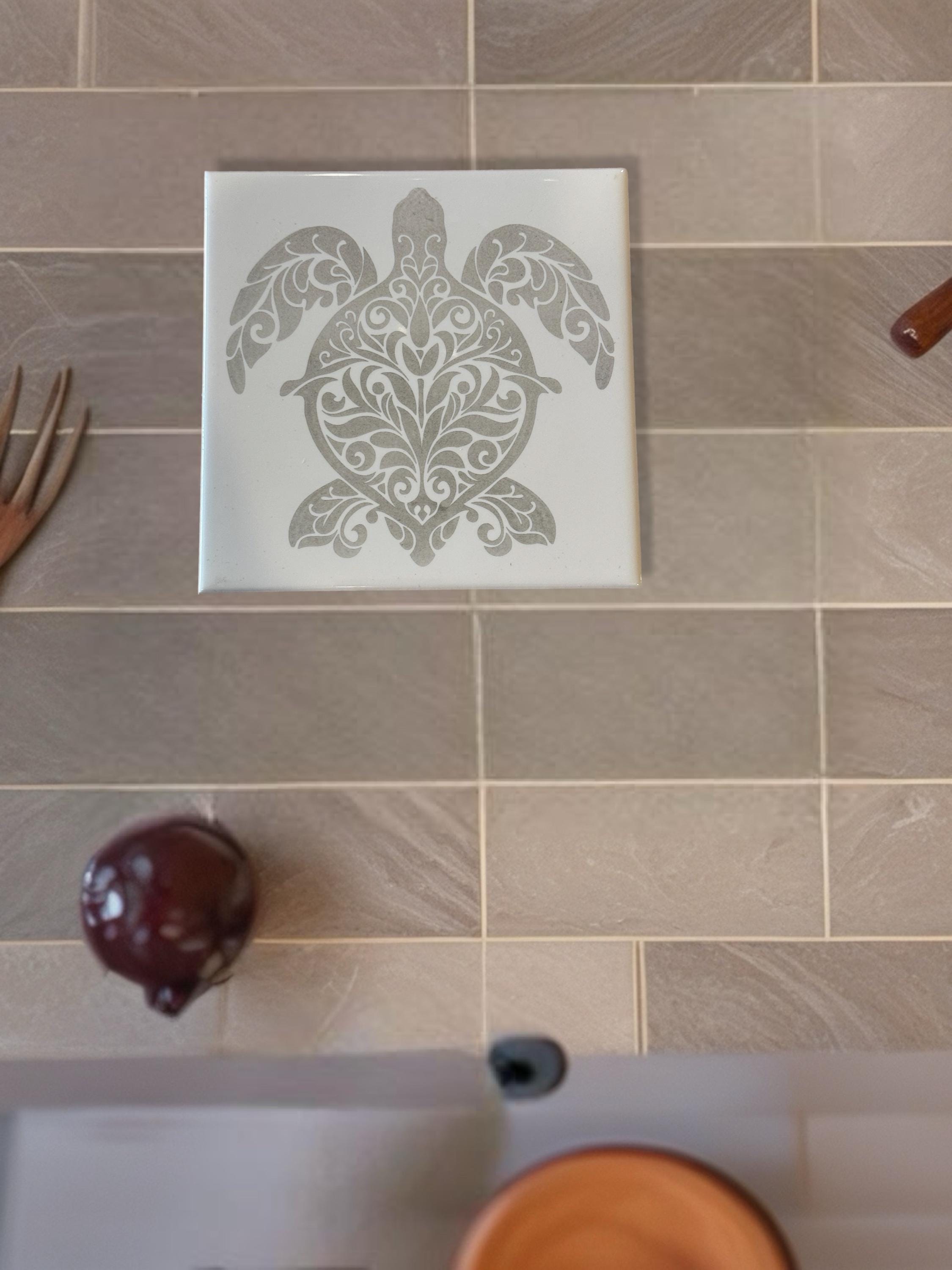 Laser Engraved Turtle Tile Trivet, 6x6 Ceramic