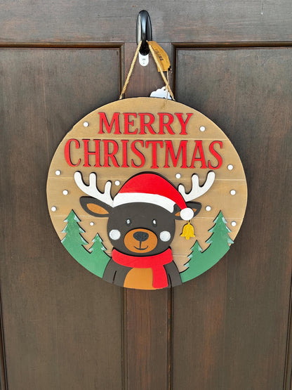 Reindeer Merry Christmas Door Hanger | Wooden Christmas Sign | Holiday Porch Decor | Farmhouse Christmas Door Sign