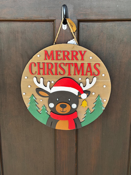 Reindeer Merry Christmas Door Hanger | Wooden Christmas Sign | Holiday Porch Decor | Farmhouse Christmas Door Sign