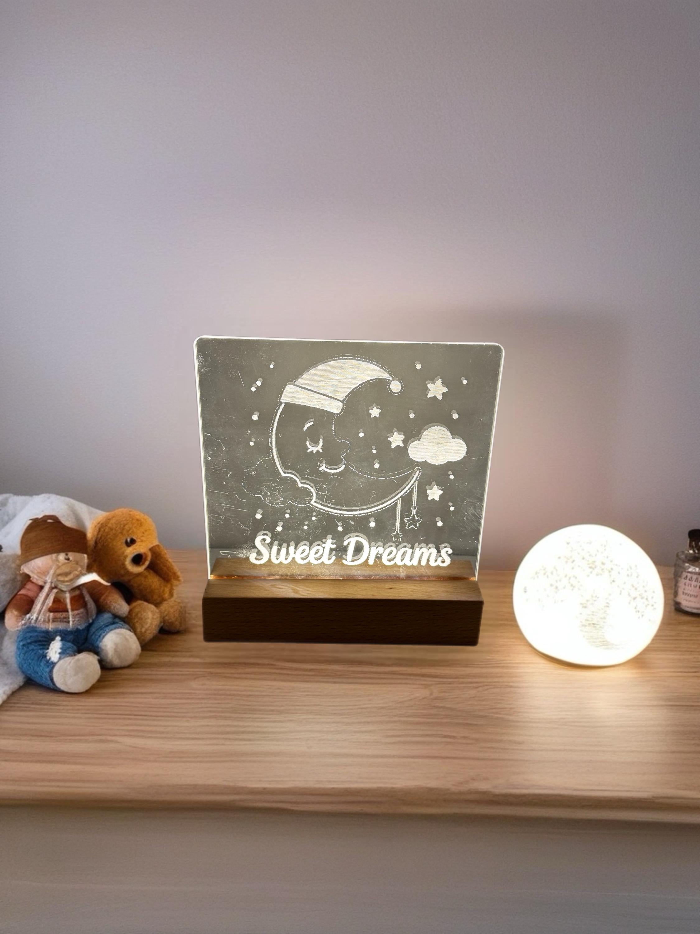 Sweet Dreams Night Light – Laser Engraved Acrylic & Wood Base