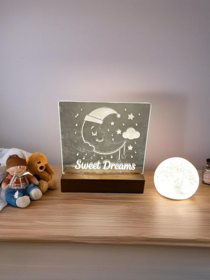 Sweet Dreams Night Light – Laser Engraved Acrylic & Wood Base