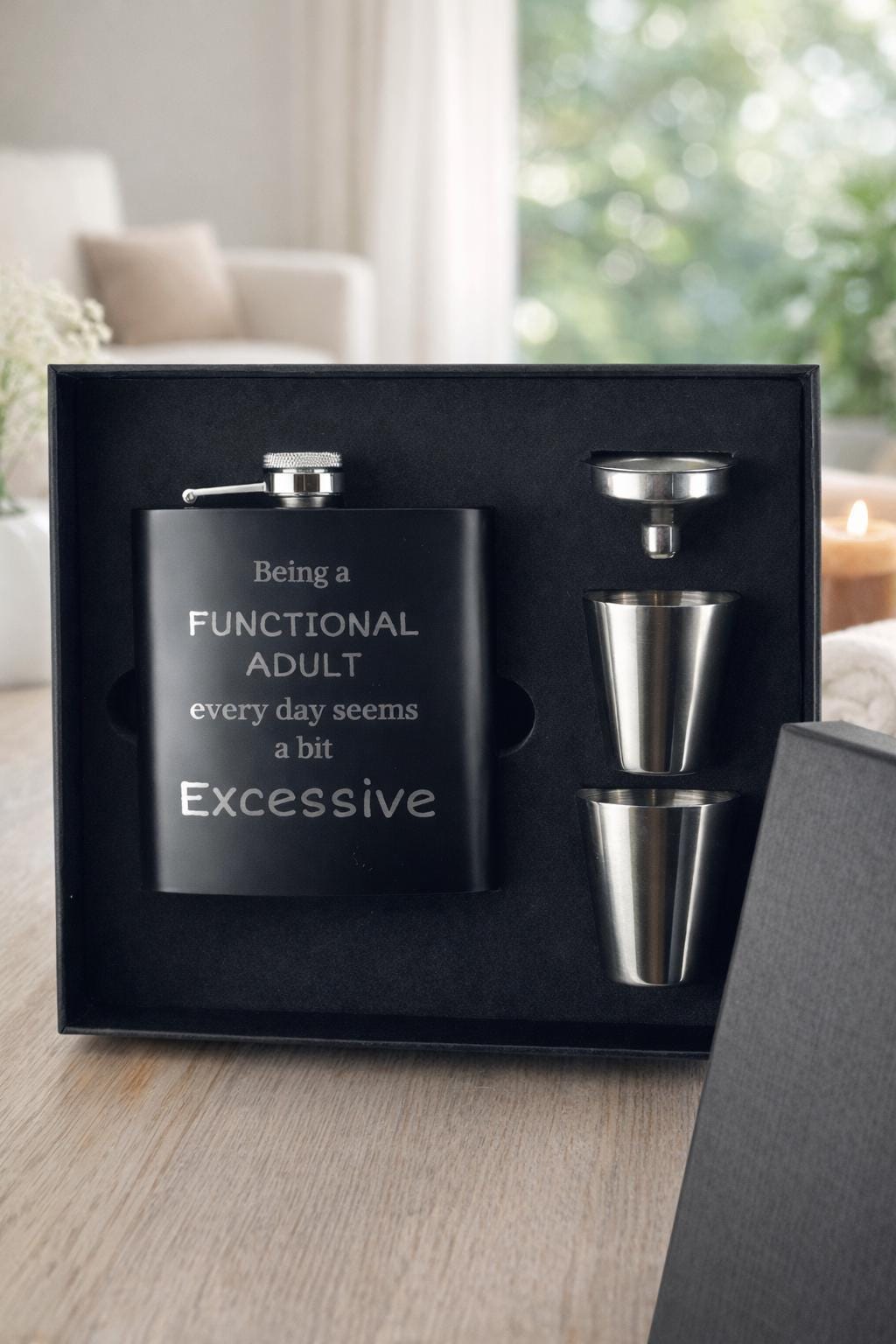 Funny Engraved Flask Gift Set – “Being a Functional Adult Seems Excessive