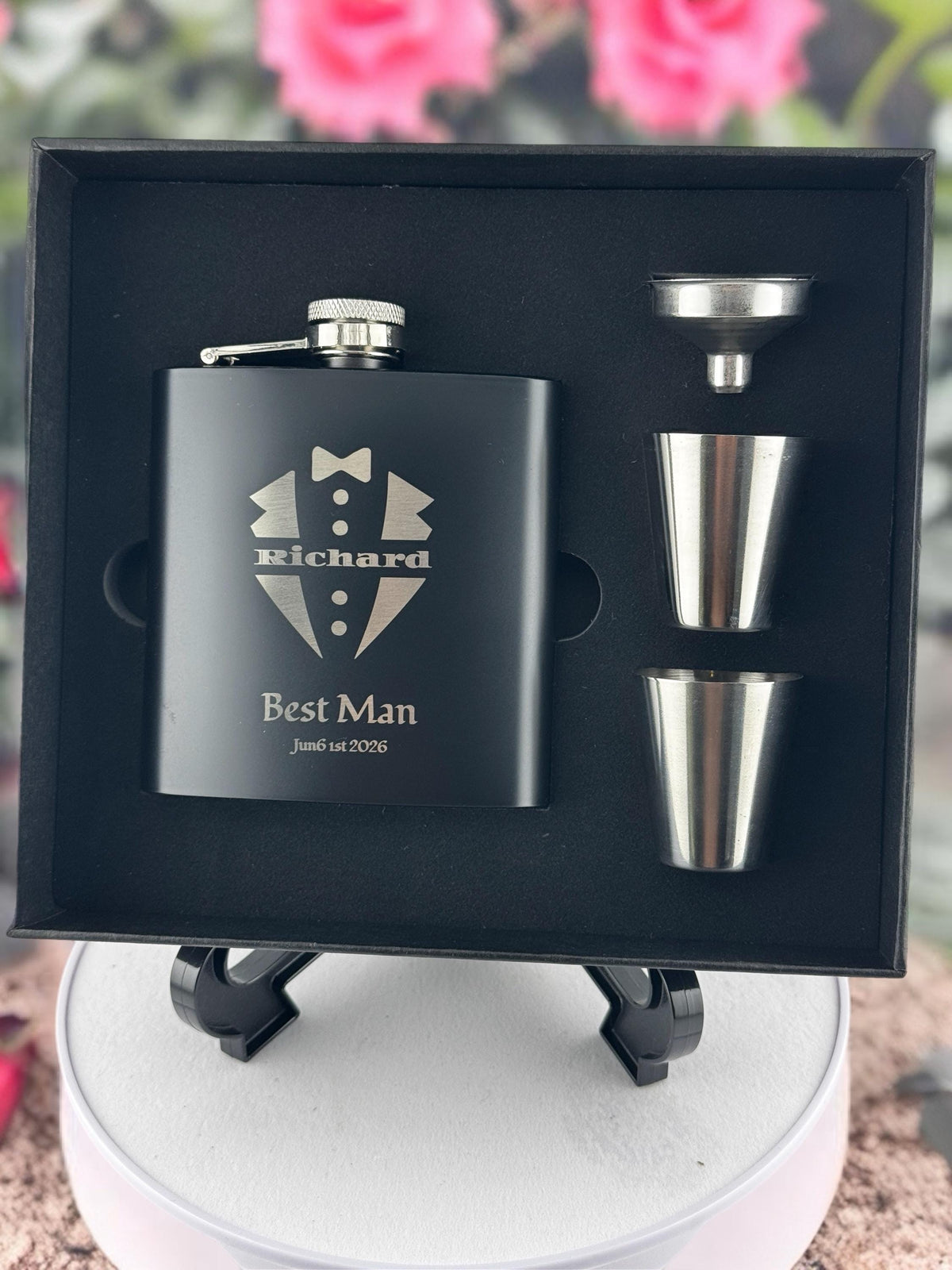 Personalized 6oz Groomsmen Flask Gift Set – Engraved Best Man Gift with 2 Shot Glasses & Funnel – Wedding Party Gift Box